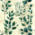 sage green, forest green, eucalyptus leaves, botanical pattern, watercolor style, winter foliage, delicate branches, nature motif, cream background, organic design,, fabric panel, soft palette, leafy sprigs, natural elements, serene mood, botanical illustration, muted tones, winter greenery