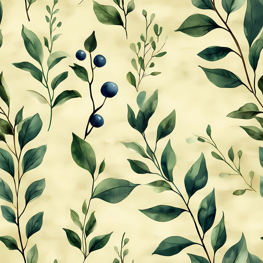 winter greenery, botanical pattern, green leaves, navy berries, cream background, watercolor style, branch motifs, nature design,, fabric panel, seasonal foliage, delicate branches, organic shapes, soft palette, botanical illustration, winter theme, leafy pattern, berry accents, natural elements, seamless repeat