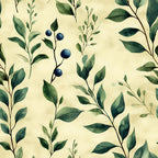 winter greenery, botanical pattern, green leaves, navy berries, cream background, watercolor style, branch motifs, nature design,, fabric panel, seasonal foliage, delicate branches, organic shapes, soft palette, botanical illustration, winter theme, leafy pattern, berry accents, natural elements, seamless repeat