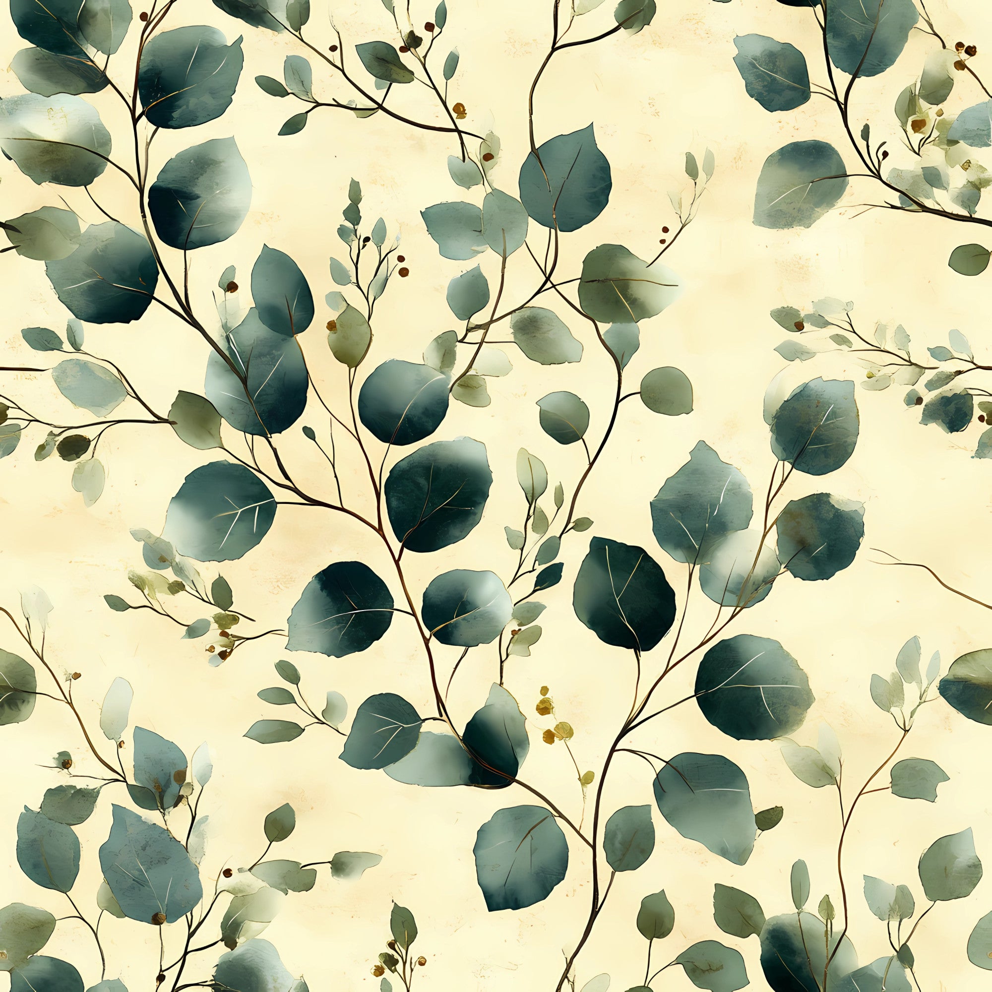 sage green, eucalyptus leaves, botanical pattern, cream background, watercolor style, winter foliage, delicate branches, nature motif,, fabric panel, muted tones, organic design, leafy branches, soft greens, natural elements, seamless repeat, contemporary botanical, winter botanicals, earthy palette