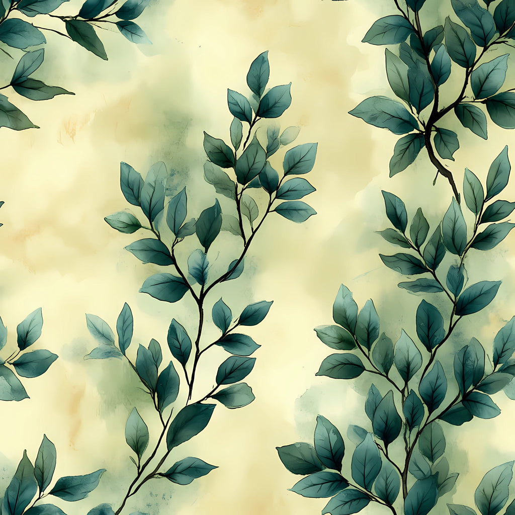 sage green, eucalyptus leaves, botanical pattern, winter foliage, watercolor style, soft pastels, cream background, leafy branches, nature motif,, fabric panel, organic design, muted tones, delicate artwork, peaceful mood, plant illustration, subtle texture, flowing branches, natural elements