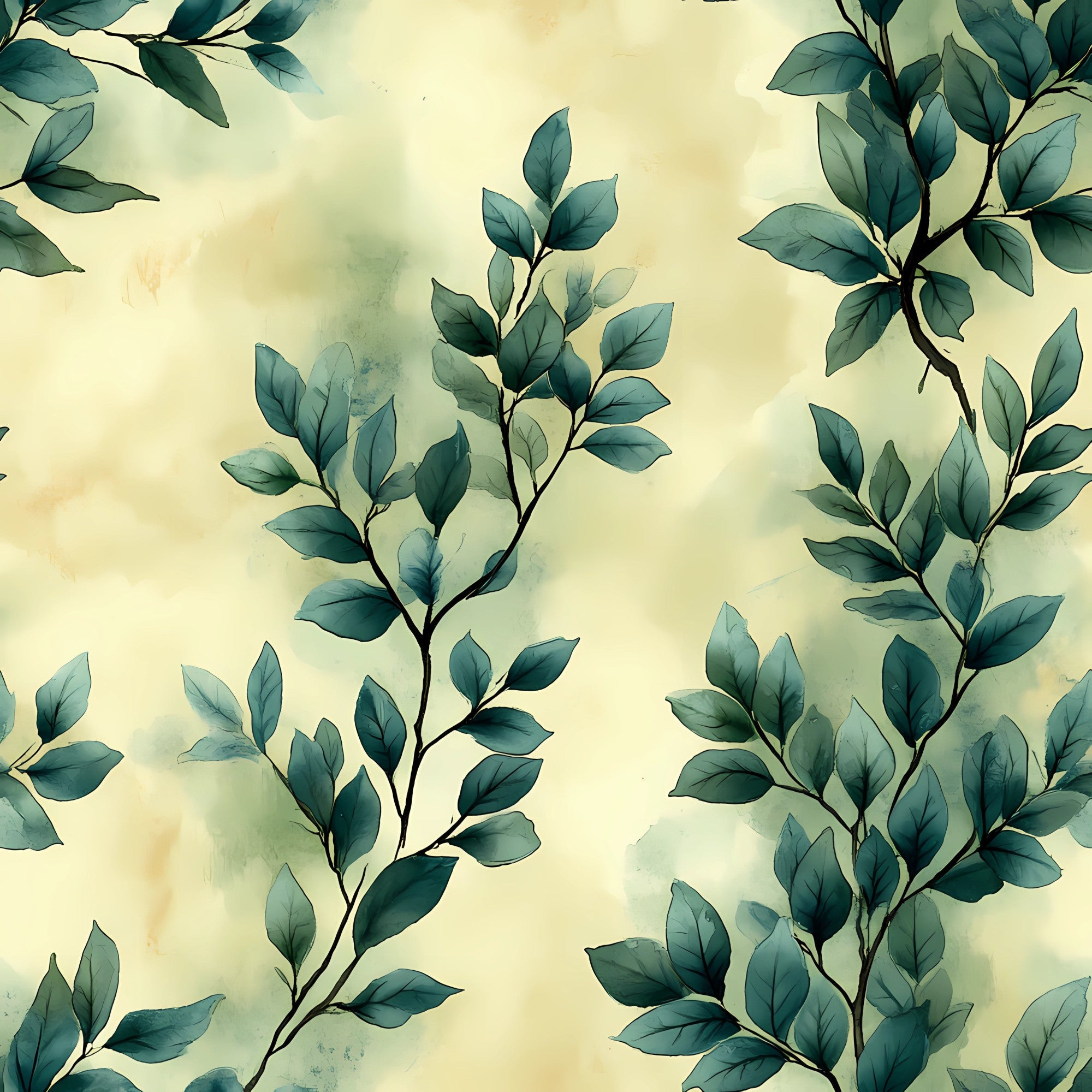 sage green, eucalyptus leaves, botanical pattern, winter foliage, watercolor style, soft pastels, cream background, leafy branches, nature motif,, fabric panel, organic design, muted tones, delicate artwork, peaceful mood, plant illustration, subtle texture, flowing branches, natural elements
