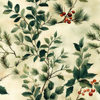 winter greenery, botanical pattern, pine needles, holly leaves, red berries, sage green, forest green, cream background, vintage style, nature motif, evergreen branches, seasonal foliage,, fabric panel, watercolor effect, muted tones, winter botanicals, leafy branches, berry clusters, soft textures