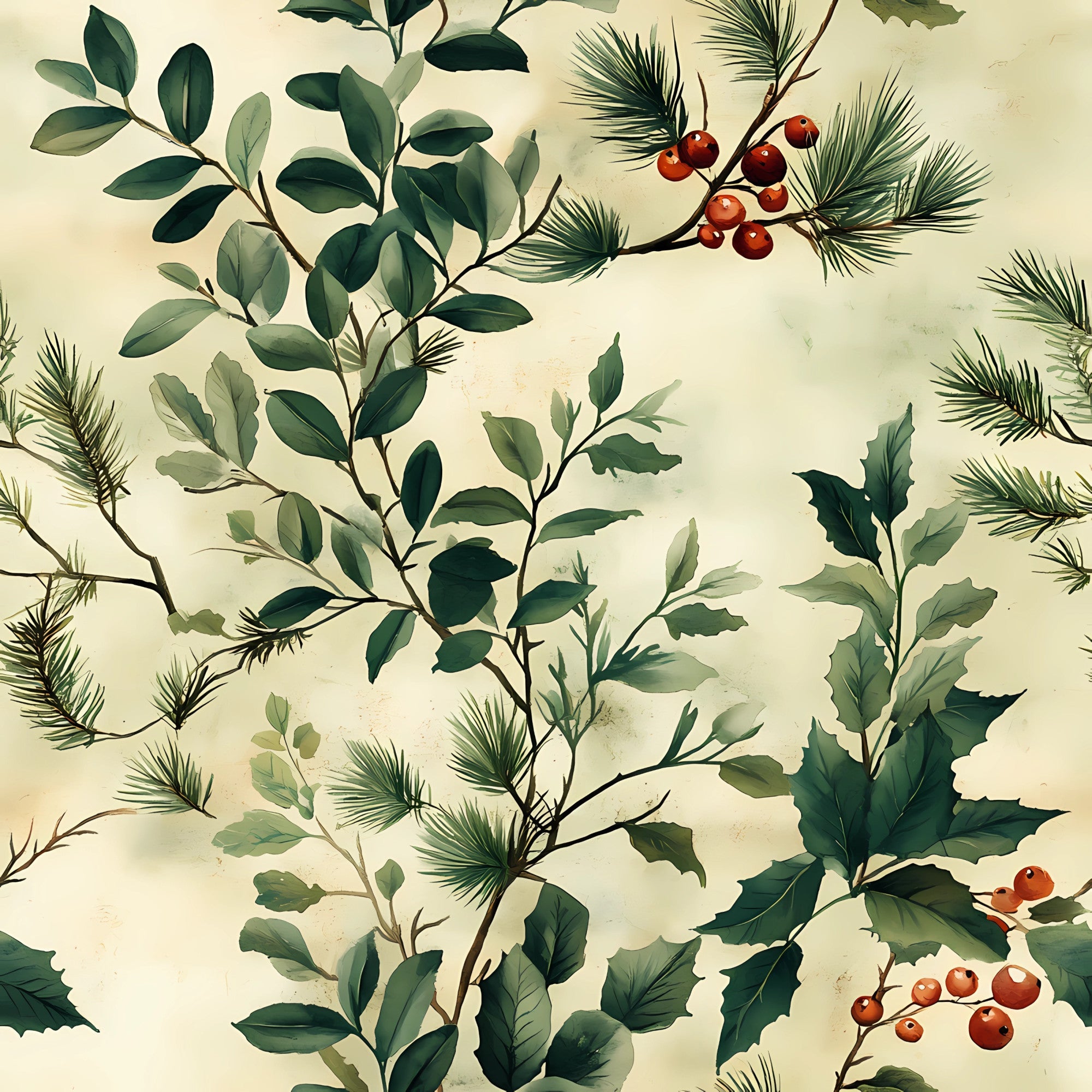 winter greenery, botanical pattern, pine needles, holly leaves, red berries, sage green, forest green, cream background, vintage style, nature motif, evergreen branches, seasonal foliage,, fabric panel, watercolor effect, muted tones, winter botanicals, leafy branches, berry clusters, soft textures