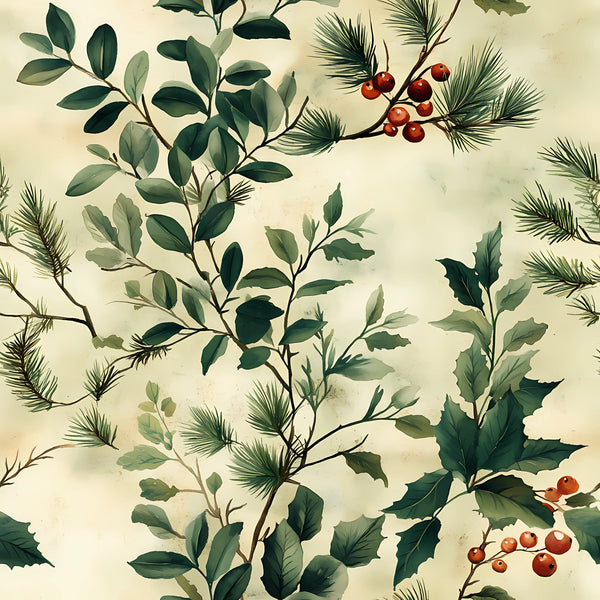winter greenery, botanical pattern, pine needles, holly leaves, red berries, sage green, forest green, cream background, vintage style, nature motif, evergreen branches, seasonal foliage,, fabric panel, watercolor effect, muted tones, winter botanicals, leafy branches, berry clusters, soft textures