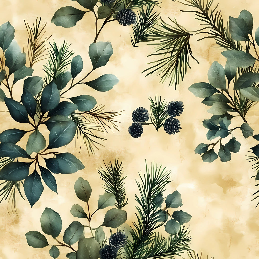winter greenery, eucalyptus leaves, pine branches, pinecones, sage green, forest green, cream background, beige tones, botanical pattern, evergreen foliage, natural elements, watercolor style, organic design,, fabric panel, winter botanicals, muted palette, leafy branches, conifer needles, seasonal flora