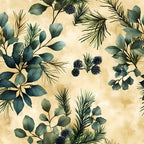 winter greenery, eucalyptus leaves, pine branches, pinecones, sage green, forest green, cream background, beige tones, botanical pattern, evergreen foliage, natural elements, watercolor style, organic design,, fabric panel, winter botanicals, muted palette, leafy branches, conifer needles, seasonal flora