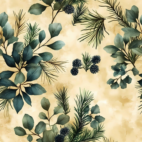 winter greenery, eucalyptus leaves, pine branches, pinecones, sage green, forest green, cream background, beige tones, botanical pattern, evergreen foliage, natural elements, watercolor style, organic design,, fabric panel, winter botanicals, muted palette, leafy branches, conifer needles, seasonal flora