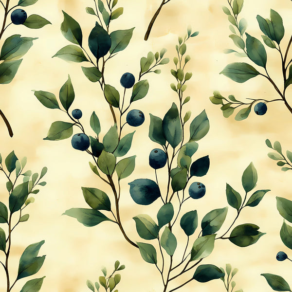 winter greenery, botanical pattern, blue berries, green leaves, cream background, watercolor style, nature motif,, fabric panel, seamless repeat, branches, foliage, organic design, soft palette, winter botanicals, delicate artwork, natural elements, berry branches, eucalyptus style, muted tones