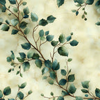 sage green, eucalyptus leaves, botanical pattern, winter foliage, cream background, branching stems, watercolor style, nature motif,, fabric panel, leafy design, muted tones, organic arrangement, delicate branches, vintage wash, seamless repeat, natural elements, soft palette, plant illustration, winter botanical