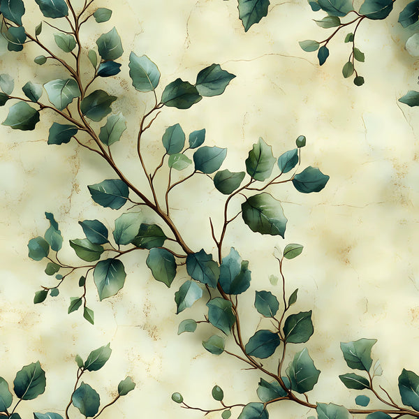sage green, eucalyptus leaves, botanical pattern, winter foliage, cream background, branching stems, watercolor style, nature motif,, fabric panel, leafy design, muted tones, organic arrangement, delicate branches, vintage wash, seamless repeat, natural elements, soft palette, plant illustration, winter botanical