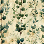 forest green, sage green, cream, beige, eucalyptus leaves, botanical pattern, winter foliage, watercolor style, organic branches, nature motif,, fabric panel, soft palette, delicate artwork, scattered leaves, flowing stems, muted tones, seamless design, winter greenery, natural elements
