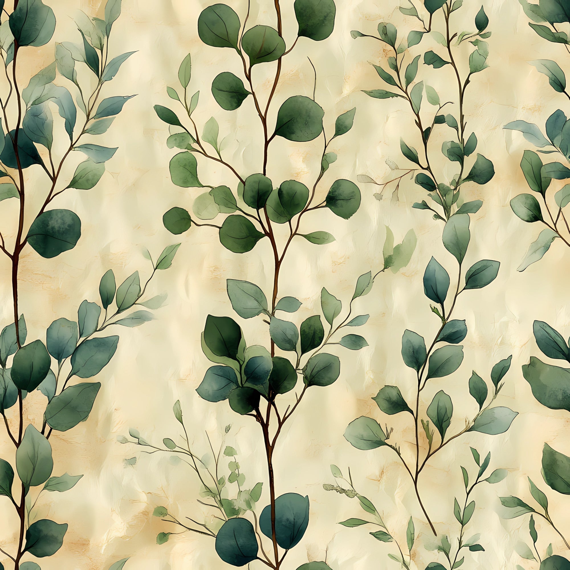 forest green, sage green, cream, beige, eucalyptus leaves, botanical pattern, winter foliage, watercolor style, organic branches, nature motif,, fabric panel, soft palette, delicate artwork, scattered leaves, flowing stems, muted tones, seamless design, winter greenery, natural elements