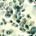 sage green, eucalyptus leaves, botanical pattern, winter foliage, muted greens, blue-green tones, berry accents, watercolor style, organic branches,, fabric panel, nature motif, soft palette, delicate illustration, seasonal greenery, cream background, flowing branches, artistic botanical, winter theme
