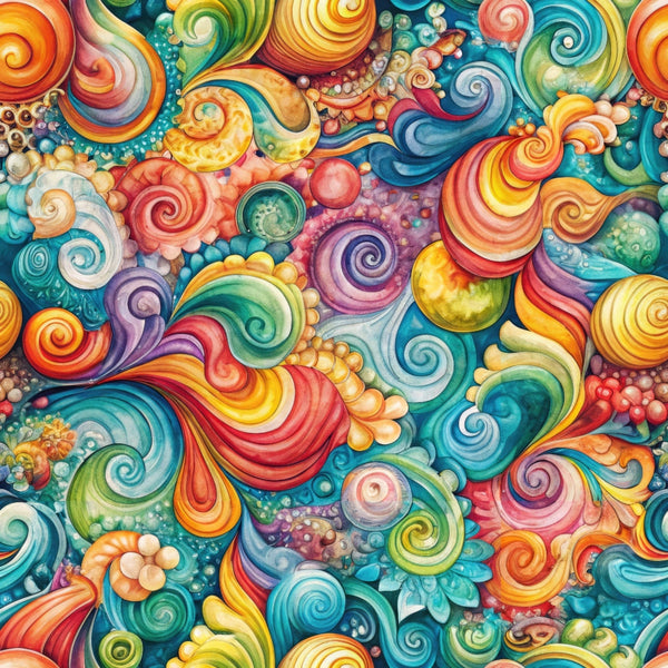 vibrant swirls, psychedelic spirals, rainbow colors, turquoise blue, coral pink, golden yellow, emerald green, purple accents, flowing patterns, abstract art, whimsical design, bubble elements, organic shapes,, fabric panel, cosmic imagery, kaleidoscope effect, fantasy theme, colorful vortex, artistic swirls