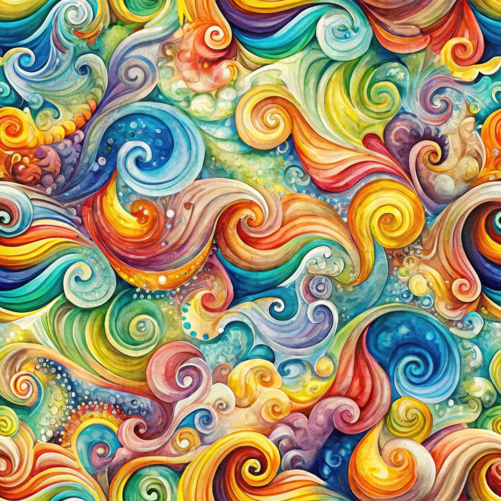 swirling patterns, vortex design, rainbow colors, blue spirals, orange swirls, yellow curves, turquoise waves, purple spirals, green whirls, red flowing lines, abstract art, psychedelic style, flowing movement, circular motifs, vibrant colors,, fabric panel, whimsical design, colorful spirals, dynamic patterns