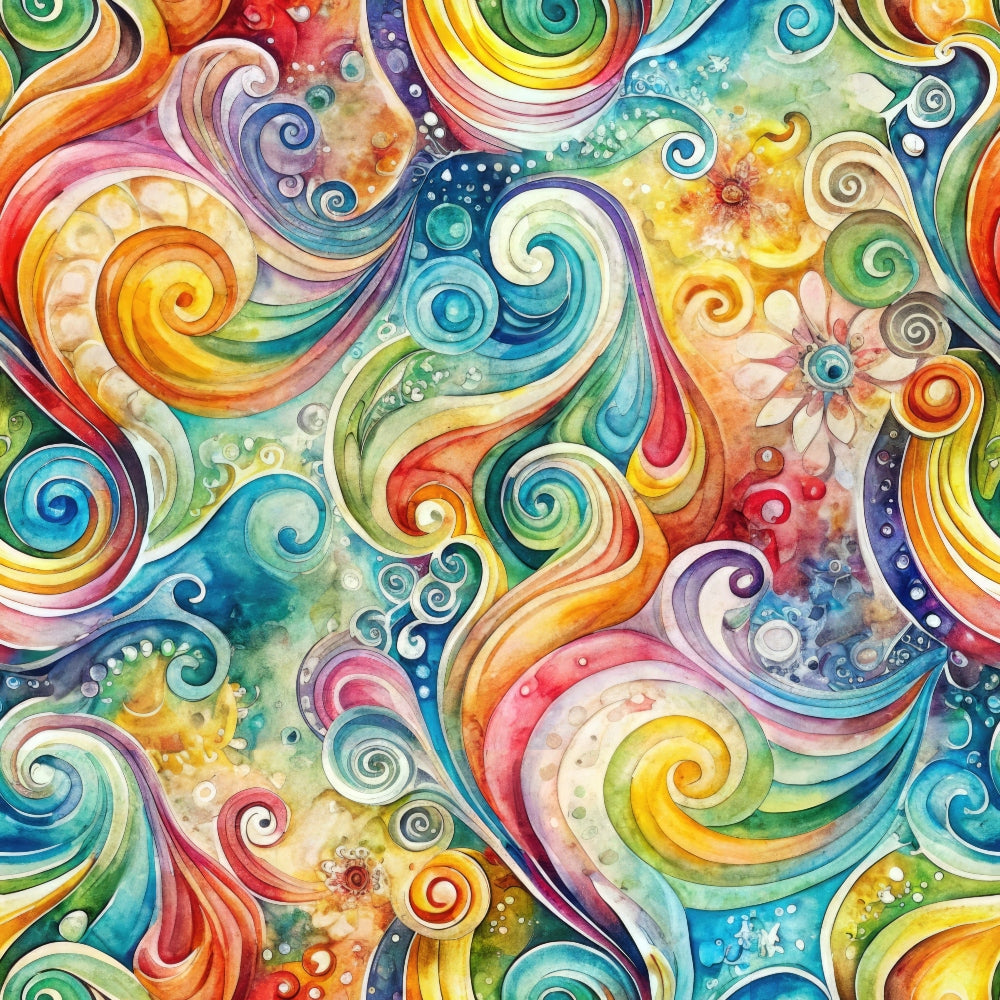 swirling patterns, vibrant colors, rainbow hues, turquoise blue, orange spirals, yellow swirls, pink curves, green vortex, purple accents, red flowing lines, watercolor effect, abstract design, whimsical style, flowing movement, circular motifs, fantasy theme,, fabric panel, artistic swirls, kaleidoscope pattern, dreamy atmosphere