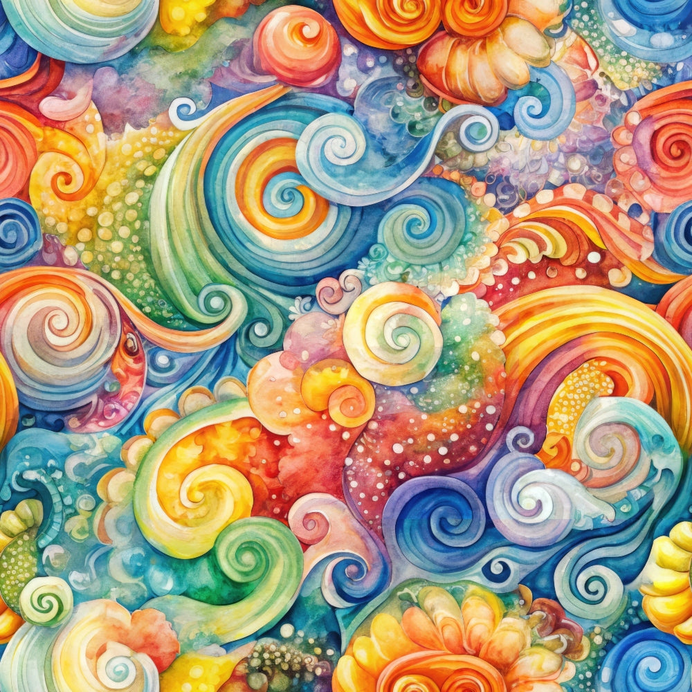 swirls, spirals, vortex pattern, watercolor style, rainbow colors, orange, blue, yellow, pink, purple, green, whimsical design, abstract art, flowing movement, circular motifs, vibrant hues,, fabric panel, artistic swirls, colorful spirals