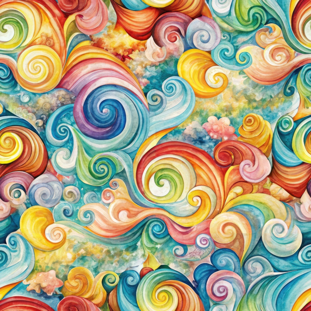 swirls, spirals, vortex, watercolor, rainbow colors, turquoise, coral, yellow, orange, pink, blue, green, whimsical, flowing, abstract, dreamy, cotton fabric, quilting panel, vibrant, colorful, artistic swirls
