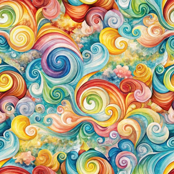 swirls, spirals, vortex, watercolor, rainbow colors, turquoise, coral, yellow, orange, pink, blue, green, whimsical, flowing, abstract, dreamy, cotton fabric, quilting panel, vibrant, colorful, artistic swirls