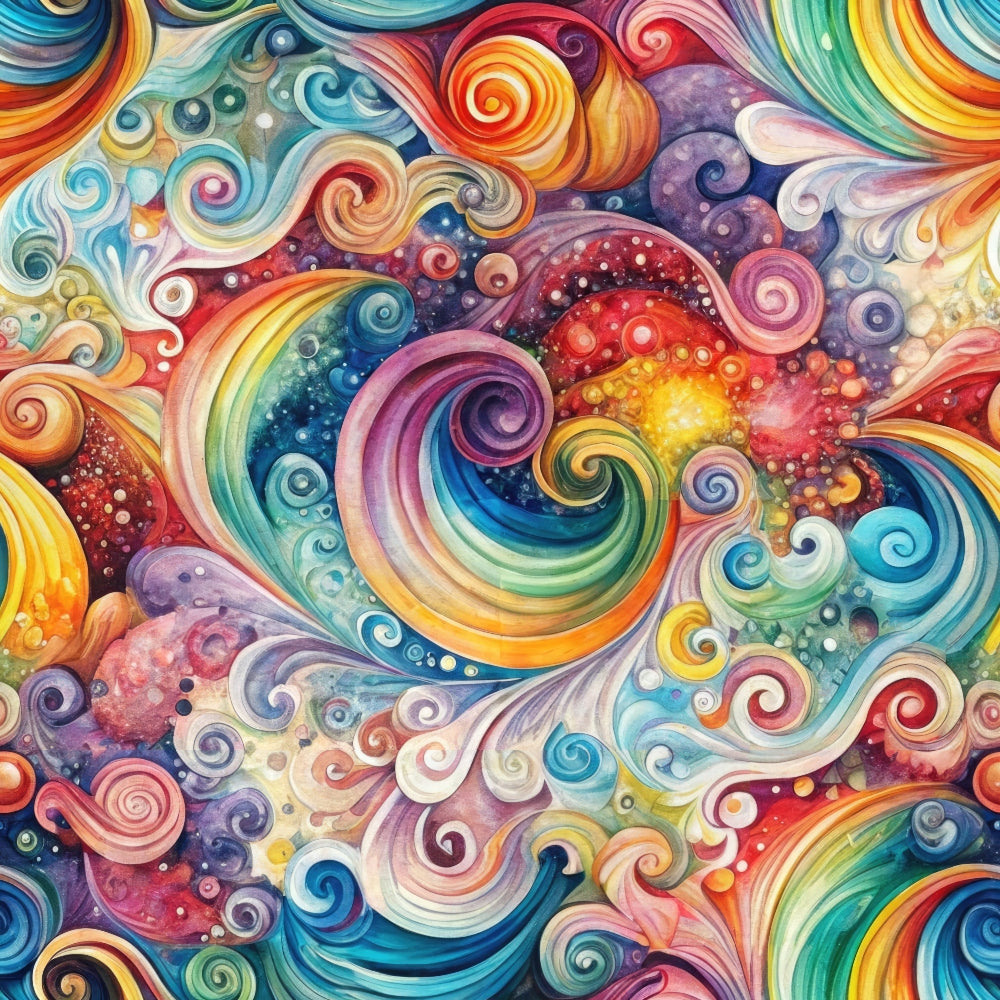 swirling patterns, rainbow colors, vibrant spirals, cosmic design, whimsical swirls, multicolored vortex, purple, turquoise, orange, yellow, red, pink, abstract art, flowing movement, celestial theme,, fabric panel, psychedelic style, colorful spirals, dreamlike pattern
