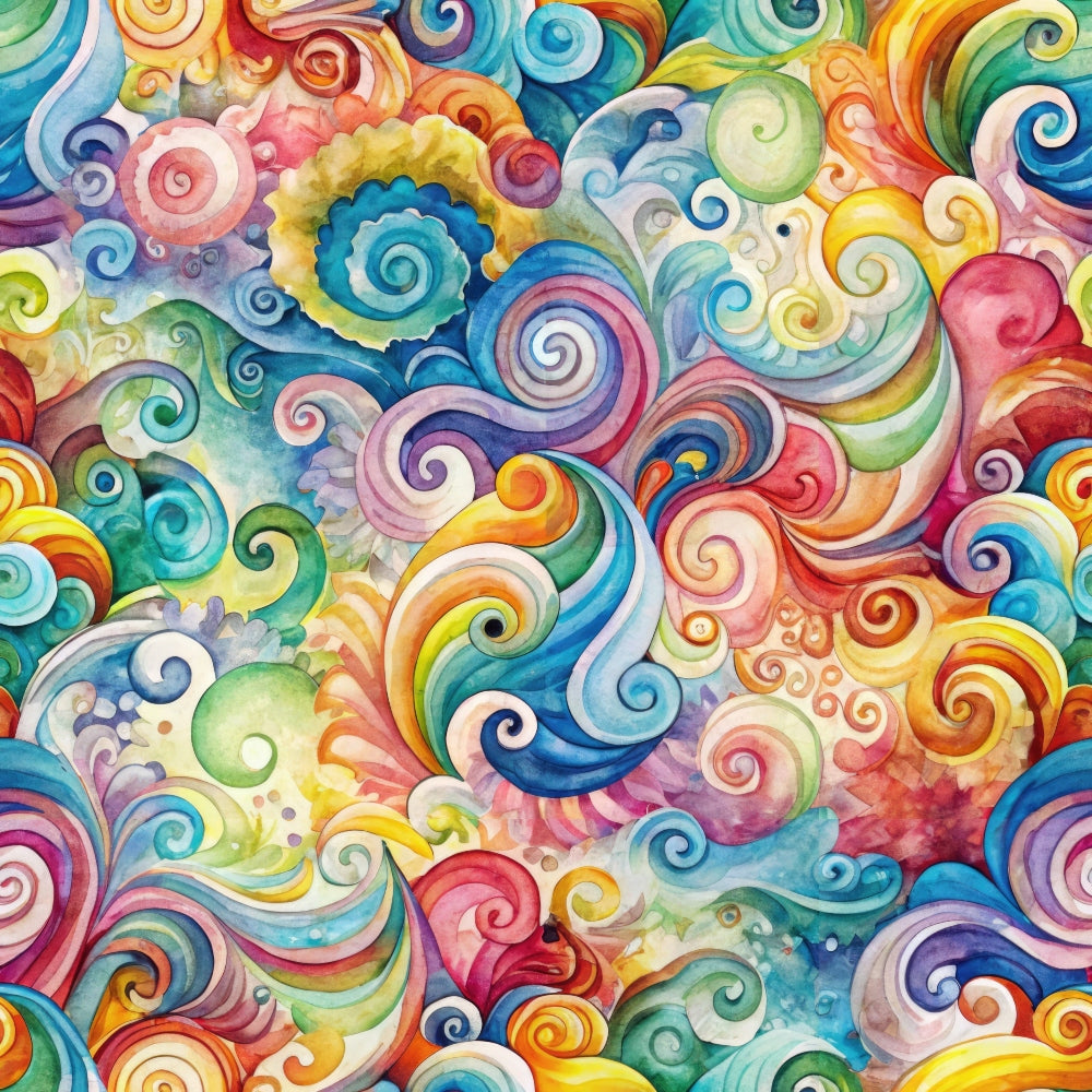 rainbow colors, swirls, spirals, vortex pattern, watercolor style, turquoise, coral pink, yellow, green, blue, purple, orange, whimsical design, flowing movement, abstract art,, fabric panel, vibrant colors, psychedelic, dreamlike