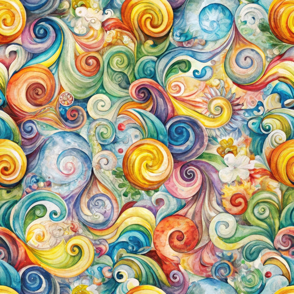 swirls, spirals, vortex, watercolor, rainbow colors, orange, blue, green, yellow, purple, pink, flowing patterns, whimsical, dreamy, abstract,, fabric panel, colorful swirls, artistic design, vibrant hues, circular motifs
