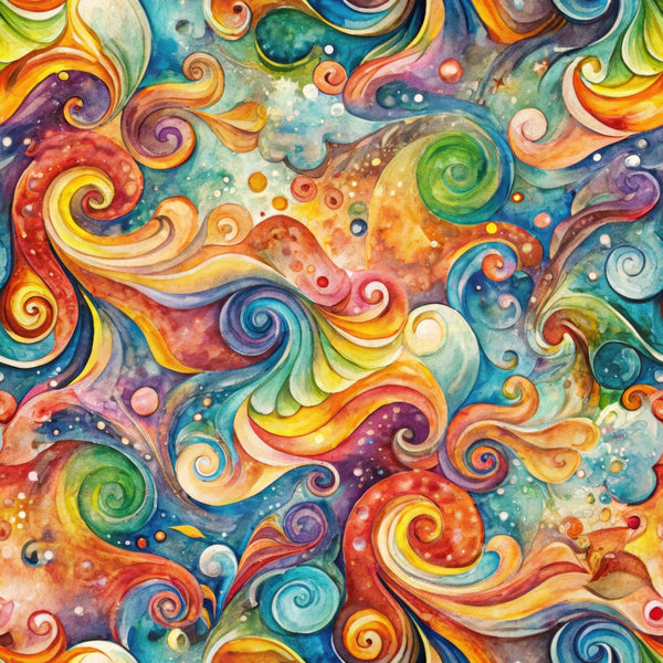 swirls, spirals, vortex, whimsical, watercolor, rainbow colors, turquoise, orange, purple, green, yellow, red, blue, flowing patterns, cosmic, dreamy, abstract, bubbles, circles,, fabric panel, psychedelic, vibrant, multicolored, celestial