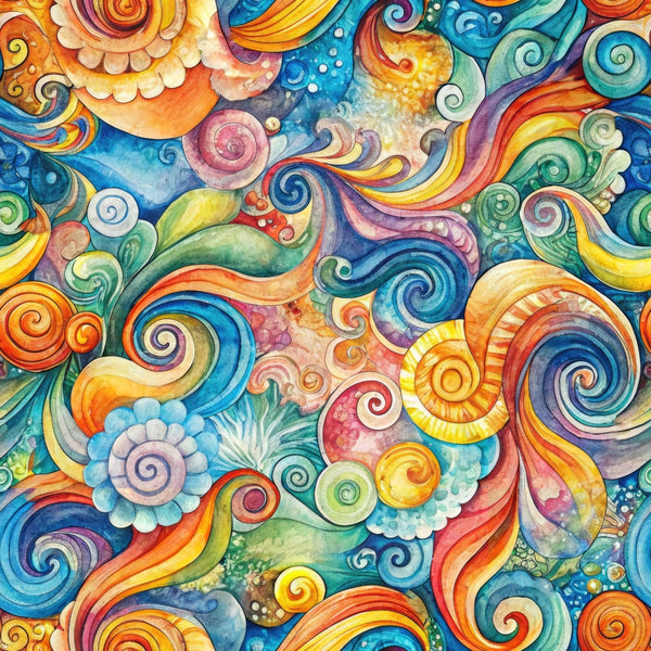 swirls, spirals, vortex pattern, watercolor style, blue, orange, yellow, green, purple, pink, psychedelic, abstract design, flowing curves, whimsical, rainbow colors, decorative scrolls, ornamental swirls,, fabric panel, vibrant hues, artistic motifs