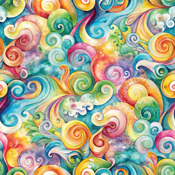 watercolor swirls, spiral patterns, rainbow colors, turquoise, magenta, yellow, orange, green, purple, abstract design, whimsical motifs, flowing movement, cotton fabric, quilting panel, vibrant hues, psychedelic style, circular spirals, artistic watercolor, colorful swirls, fantasy pattern