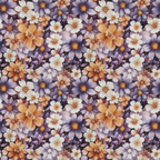 A seamless floral pattern featuring orange, white, and purple flowers with green leaves on a dark background.