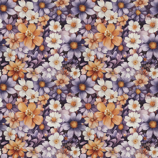 A seamless floral pattern featuring orange, white, and purple flowers with green leaves on a dark background.