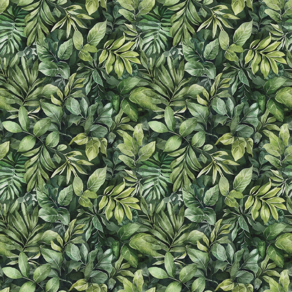 A dense pattern of various green leaves, including ferns and tropical foliage, arranged seamlessly to form a lush and vibrant background.
