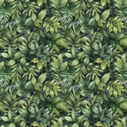 A dense pattern of various green leaves, including ferns and tropical foliage, arranged seamlessly to form a lush and vibrant background.