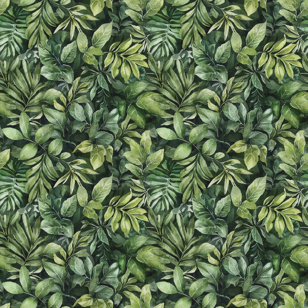 A dense pattern of various green leaves, including ferns and tropical foliage, arranged seamlessly to form a lush and vibrant background.