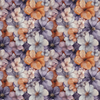 A floral pattern featuring clusters of orange, purple, and white flowers with soft, watercolor-like textures, arranged closely together in a seamless design.