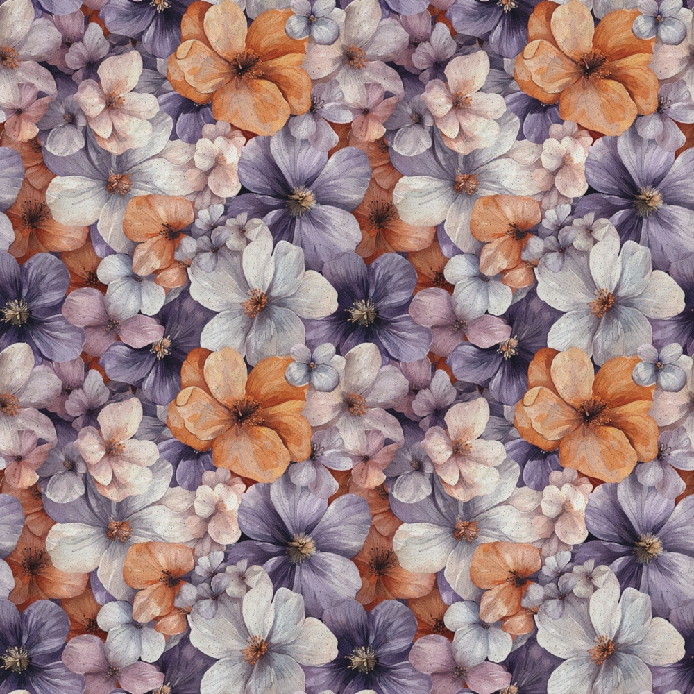 A floral pattern featuring clusters of orange, purple, and white flowers with soft, watercolor-like textures, arranged closely together in a seamless design.