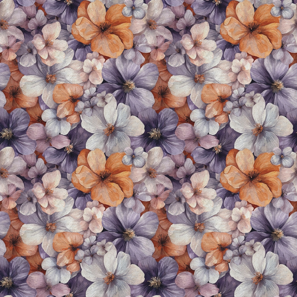 A floral pattern featuring clusters of orange, purple, and white flowers with soft, watercolor-like textures, arranged closely together in a seamless design.
