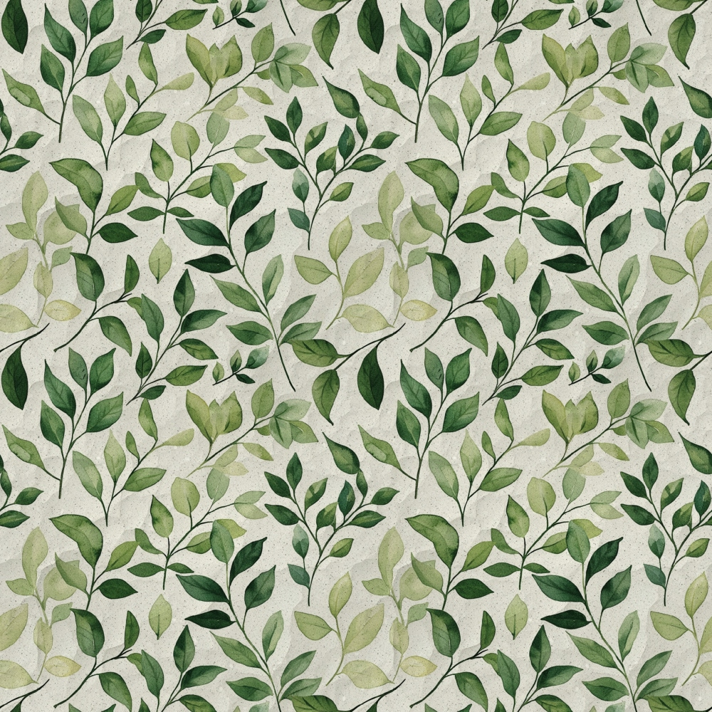 Seamless pattern of green leaves on a light gray background, with leaves varying in size and orientation, creating a natural, repetitive design.