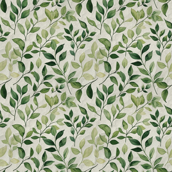 Seamless pattern of green leaves on a light gray background, with leaves varying in size and orientation, creating a natural, repetitive design.