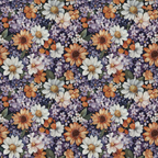 Pattern of various flowers, including daisies and violets, arranged closely with a repeating design. The colors include orange, white, and purple, set against dark green leaves.