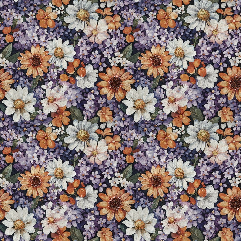 Pattern of various flowers, including daisies and violets, arranged closely with a repeating design. The colors include orange, white, and purple, set against dark green leaves.