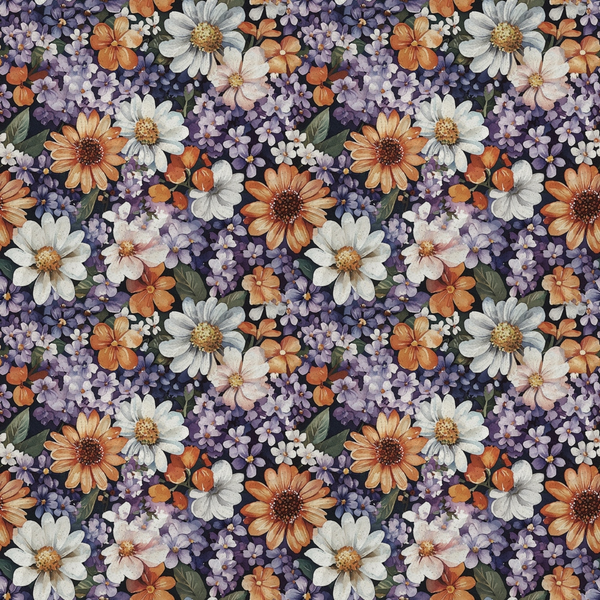 Pattern of various flowers, including daisies and violets, arranged closely with a repeating design. The colors include orange, white, and purple, set against dark green leaves.
