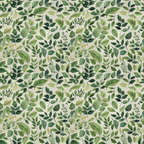 Pattern of various green leaves on a beige background, creating a seamless, repetitive botanical design.