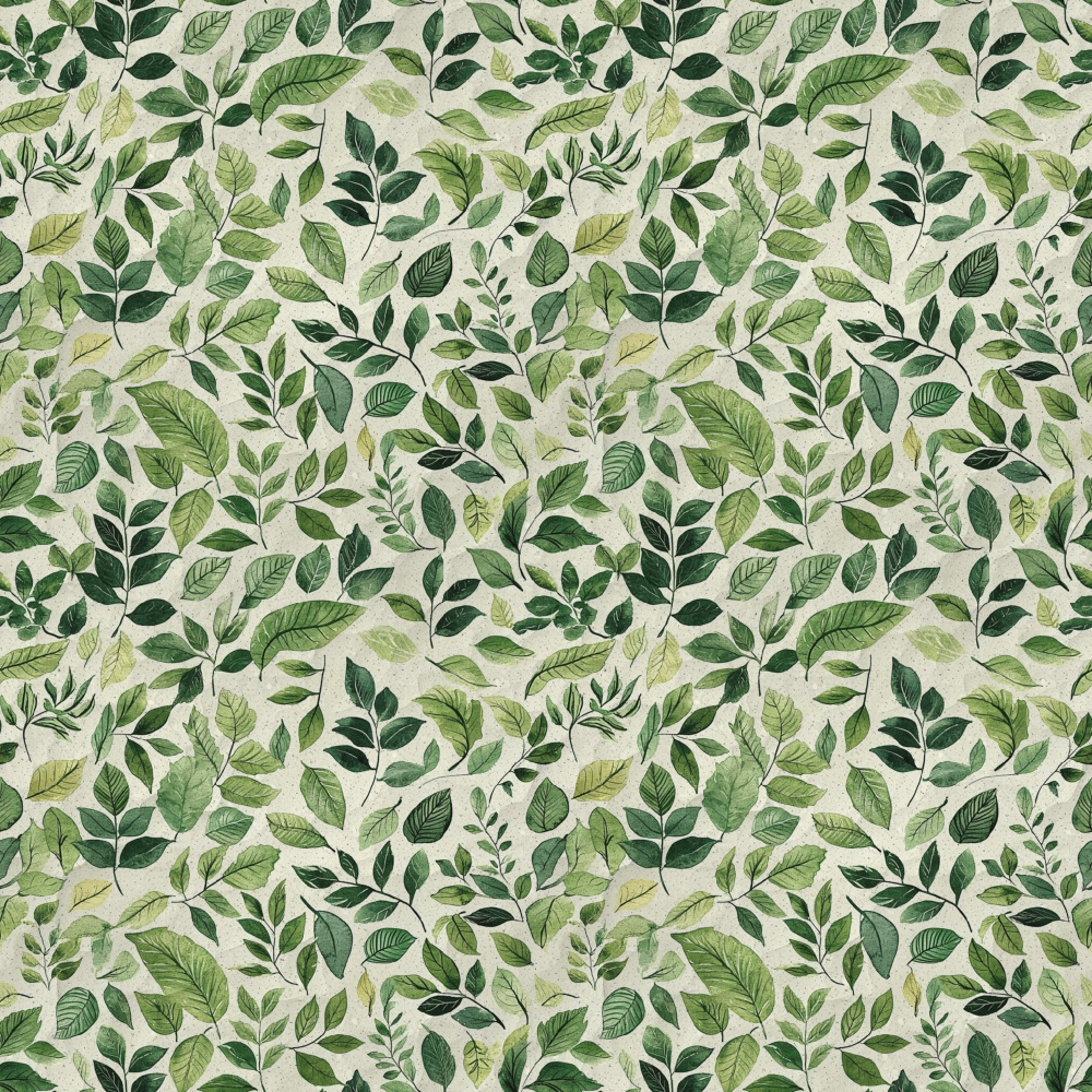 Pattern of various green leaves on a beige background, creating a seamless, repetitive botanical design.