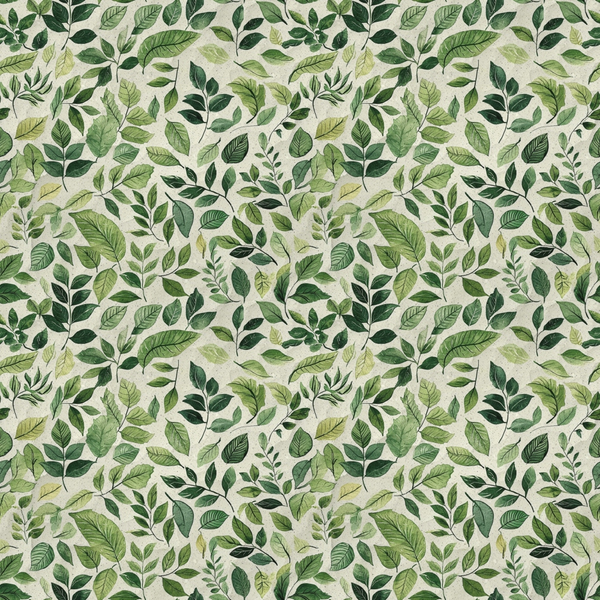 Pattern of various green leaves on a beige background, creating a seamless, repetitive botanical design.