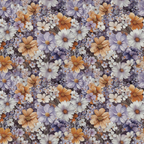 A seamless floral pattern featuring orange, white, and purple flowers on a dark background.