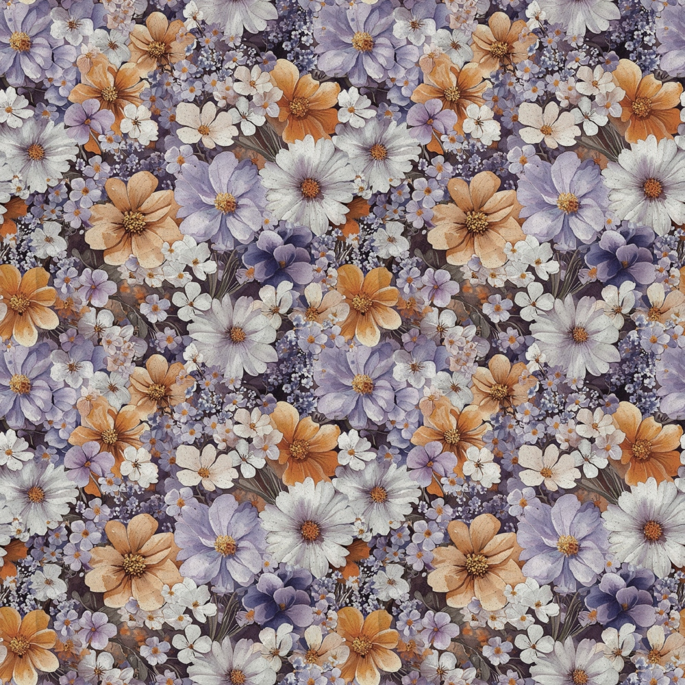 A seamless floral pattern featuring orange, white, and purple flowers on a dark background.