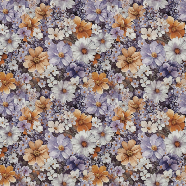A seamless floral pattern featuring orange, white, and purple flowers on a dark background.