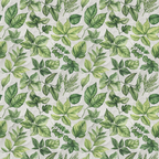 A seamless pattern of various green leaves on a light background, arranged in a symmetrical, repeating design.